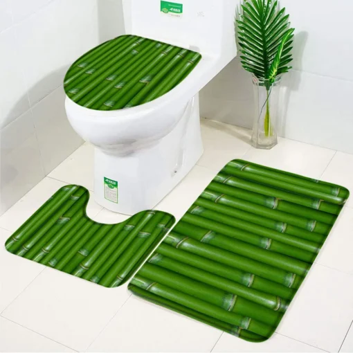 Elegant Pebble Leaves Bamboo 3 Piece Set Bath Mat Flannel Anti Slip Bathroom Rugs Carpet Toilet Lid Cover Bathroom Accessories - Image 2