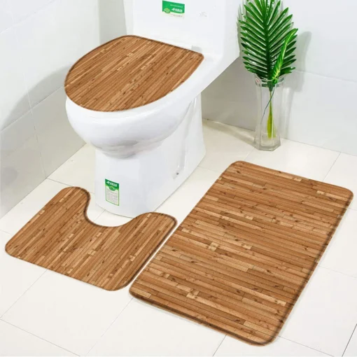 Elegant Pebble Leaves Bamboo 3 Piece Set Bath Mat Flannel Anti Slip Bathroom Rugs Carpet Toilet Lid Cover Bathroom Accessories - Image 3