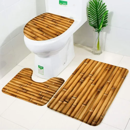 Elegant Pebble Leaves Bamboo 3 Piece Set Bath Mat Flannel Anti Slip Bathroom Rugs Carpet Toilet Lid Cover Bathroom Accessories - Image 5