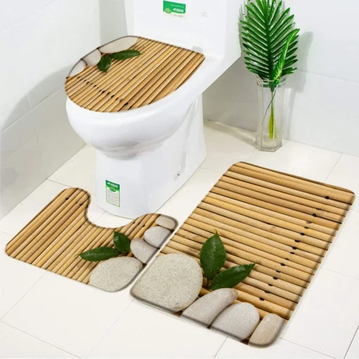 Elegant Pebble Leaves Bamboo 3 Piece Set Bath Mat Flannel Anti Slip Bathroom Rugs Carpet Toilet Lid Cover Bathroom Accessories