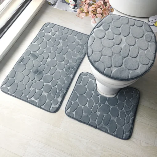 Small Stone Patterns Bathroom Carpet Non-Slip 3 Piece Set 3D Embossed Bathroom Floor Rug Flannel Toilet Mat With Lid Cover U-shape Bath Mat Set - Image 2