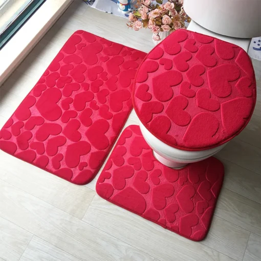 Small Stone Patterns Bathroom Carpet Non-Slip 3 Piece Set 3D Embossed Bathroom Floor Rug Flannel Toilet Mat With Lid Cover U-shape Bath Mat Set - Image 3