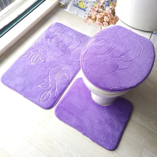 Small Stone Patterns Bathroom Carpet Non-Slip 3 Piece Set 3D Embossed Bathroom Floor Rug Flannel Toilet Mat With Lid Cover U-shape Bath Mat Set - Image 4