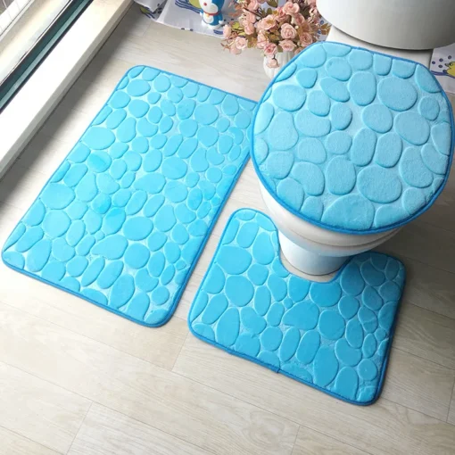 Small Stone Patterns Bathroom Carpet Non-Slip 3 Piece Set 3D Embossed Bathroom Floor Rug Flannel Toilet Mat With Lid Cover U-shape Bath Mat Set - Image 5