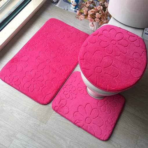 Small Stone Patterns Bathroom Carpet Non-Slip 3 Piece Set 3D Embossed Bathroom Floor Rug Flannel Toilet Mat With Lid Cover U-shape Bath Mat Set - Image 6