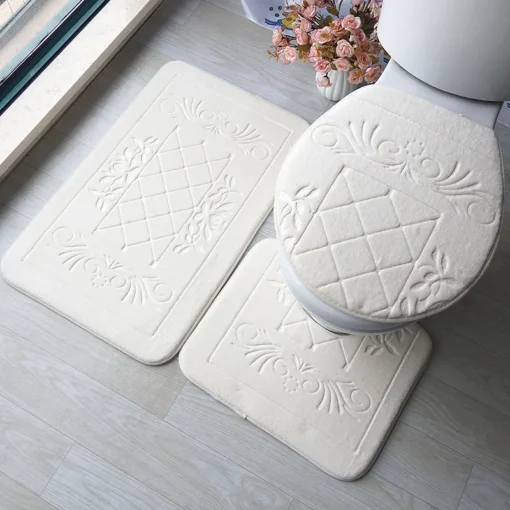 Small Stone Patterns Bathroom Carpet Non-Slip 3 Piece Set 3D Embossed Bathroom Floor Rug Flannel Toilet Mat With Lid Cover U-shape Bath Mat Set