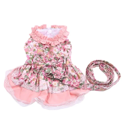 Cute Puppy Pet Dress Floral And Bow Shirt with Matching Dog Leash Furry Beloved Pet Puppy Dress Spring/Summer Clothes Apparel Fashion Design - Image 2