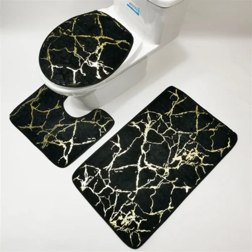 Plush Three-Piece Set Bathroom-Toilet Mat Set Gold Printing Rugs For Bathroom Mechanical Wash Geometric Print Rug and Carpets for Home Bathroom-Toilet Mat Set - Image 3