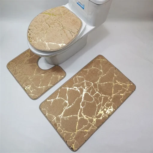 Plush Three-Piece Set Bathroom-Toilet Mat Set Gold Printing Rugs For Bathroom Mechanical Wash Geometric Print Rug and Carpets for Home Bathroom-Toilet Mat Set - Image 4