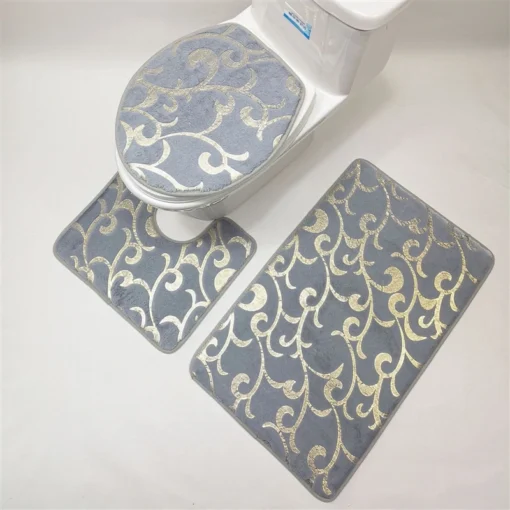 Plush Three-Piece Set Bathroom-Toilet Mat Set Gold Printing Rugs For Bathroom Mechanical Wash Geometric Print Rug and Carpets for Home Bathroom-Toilet Mat Set - Image 5