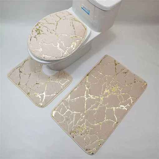 Plush Three-Piece Set Bathroom-Toilet Mat Set Gold Printing Rugs For Bathroom Mechanical Wash Geometric Print Rug and Carpets for Home Bathroom-Toilet Mat Set