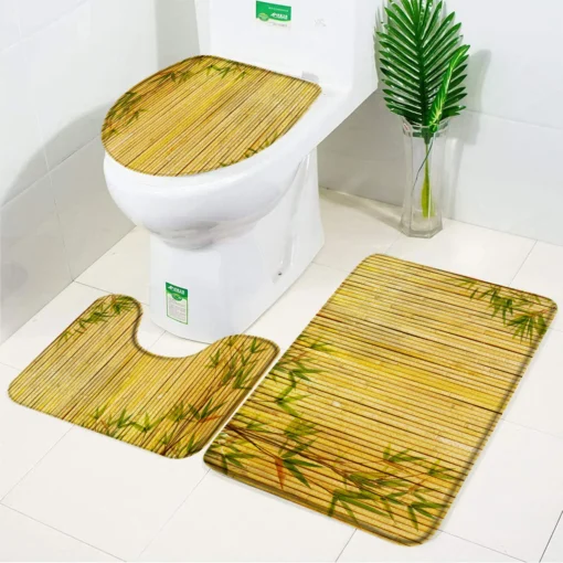 Elegant Pebble Leaves Bamboo 3 Piece Set Bath Mat Flannel Anti Slip Bathroom Rugs Carpet Toilet Lid Cover Bathroom Accessories - Image 11