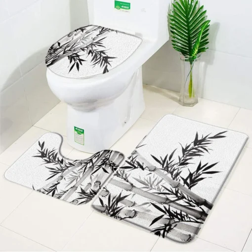 Elegant Pebble Leaves Bamboo 3 Piece Set Bath Mat Flannel Anti Slip Bathroom Rugs Carpet Toilet Lid Cover Bathroom Accessories - Image 12