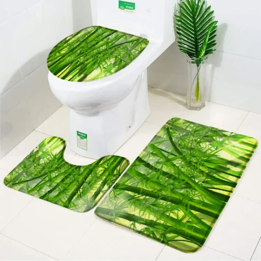 Elegant Pebble Leaves Bamboo 3 Piece Set Bath Mat Flannel Anti Slip Bathroom Rugs Carpet Toilet Lid Cover Bathroom Accessories - Image 13