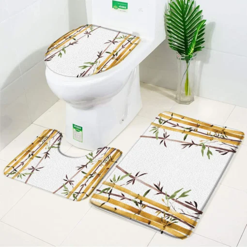 Elegant Pebble Leaves Bamboo 3 Piece Set Bath Mat Flannel Anti Slip Bathroom Rugs Carpet Toilet Lid Cover Bathroom Accessories - Image 14