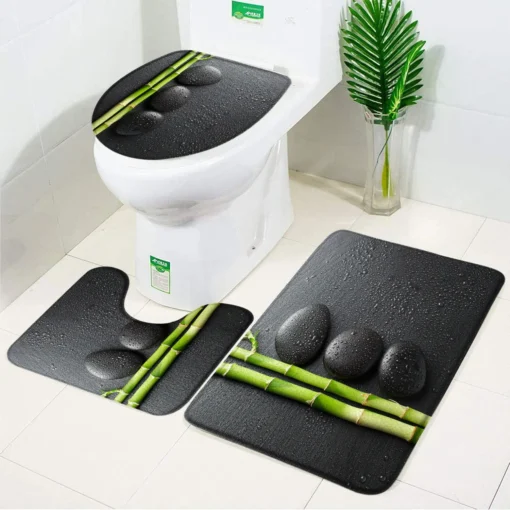 Elegant Pebble Leaves Bamboo 3 Piece Set Bath Mat Flannel Anti Slip Bathroom Rugs Carpet Toilet Lid Cover Bathroom Accessories - Image 10