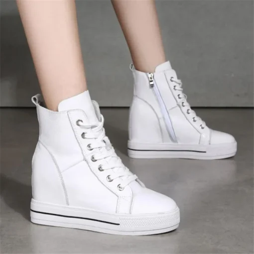 Women Genuine Leather 8cm Hidden Wedge Sneakers Platform Shoes High Heels Sneakers Woman Casual Shoes White Women Trainer - Image 3