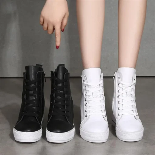 Women Genuine Leather 8cm Hidden Wedge Sneakers Platform Shoes High Heels Sneakers Woman Casual Shoes White Women Trainer - Image 5