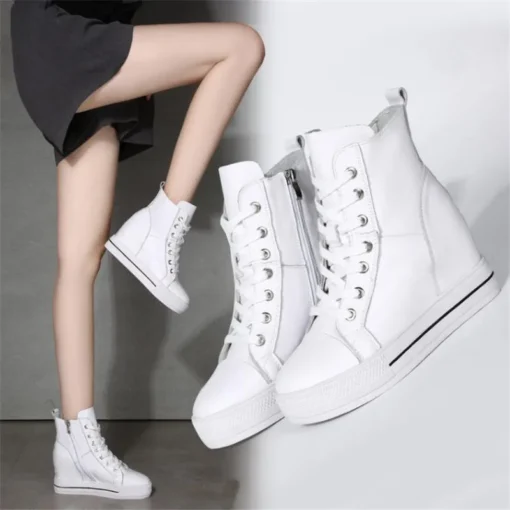 Women Genuine Leather 8cm Hidden Wedge Sneakers Platform Shoes High Heels Sneakers Woman Casual Shoes White Women Trainer - Image 4