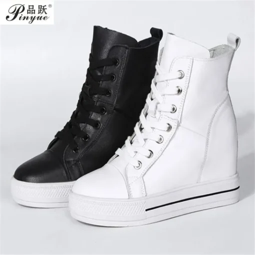 Women Genuine Leather 8cm Hidden Wedge Sneakers Platform Shoes High Heels Sneakers Woman Casual Shoes White Women Trainer