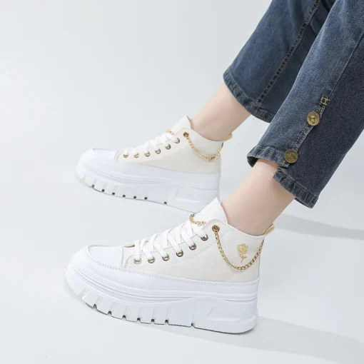 Women Lace-Up Front High Top Flatform Canvas Shoes Fashion Casual Comfortable Height Increasing Sneakers RoseChain Women's Shoes - Image 5