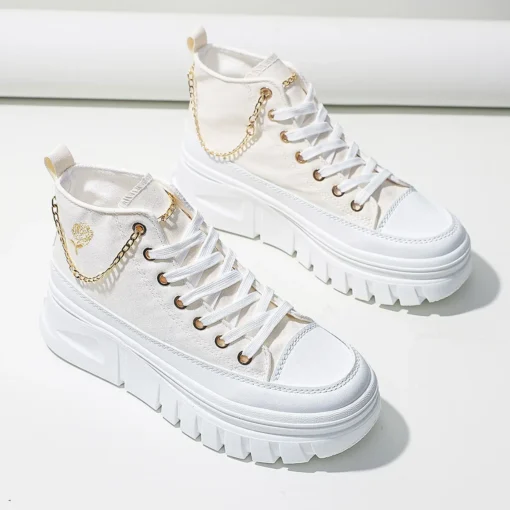 Women Lace-Up Front High Top Flatform Canvas Shoes Fashion Casual Comfortable Height Increasing Sneakers RoseChain Women's Shoes - Image 3