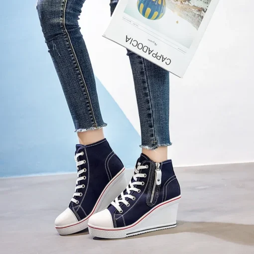 Women Hidden Wedge Invisible Heel Canvas Shoes Female Wedge Side Zipper Increased Casual High Breathable Platform Sneakers - Image 6