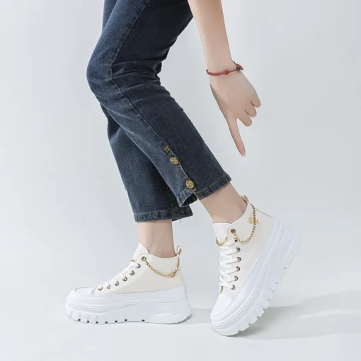 Women Lace-Up Front High Top Flatform Canvas Shoes Fashion Casual Comfortable Height Increasing Sneakers RoseChain Women's Shoes - Image 4