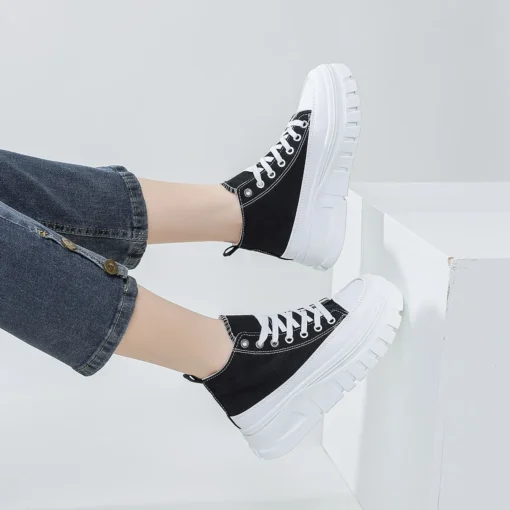 Women Lace-Up Front High Top Flatform Canvas Shoes Fashion Casual Comfortable Height Increasing Sneakers - Image 5