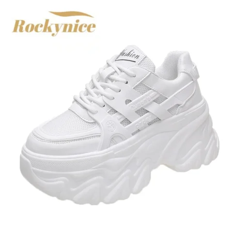 White Chunky Sneakers Women New 2022 Autumn Hidden Heel Platform Sports Dad Shoes Woman Lace Up Breathable Mesh Casual Shoes 8CM