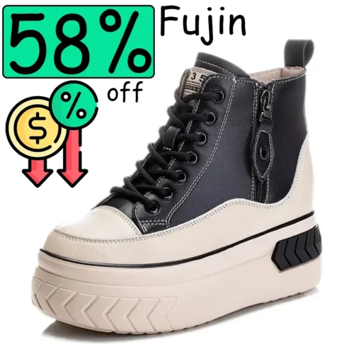 Fujin High Top Women Shoes Genuine leather 8cm Platform Boots Wedge Hidden Heel Zip Spring Autumn Warm Fur Winter Shoes Sneakers