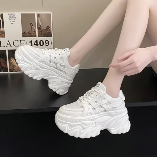 White Chunky Sneakers Women New 2022 Autumn Hidden Heel Platform Sports Dad Shoes Woman Lace Up Breathable Mesh Casual Shoes 8CM - Image 5