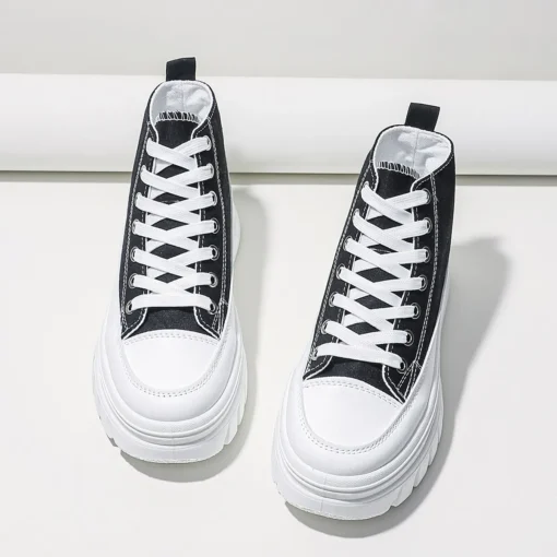 Women Lace-Up Front High Top Flatform Canvas Shoes Fashion Casual Comfortable Height Increasing Sneakers - Image 3