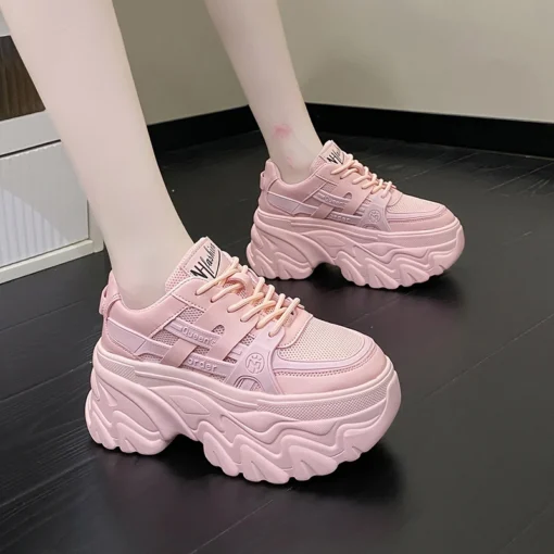 White Chunky Sneakers Women New 2022 Autumn Hidden Heel Platform Sports Dad Shoes Woman Lace Up Breathable Mesh Casual Shoes 8CM - Image 4