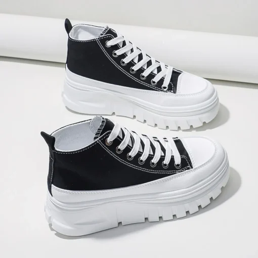 Women Lace-Up Front High Top Flatform Canvas Shoes Fashion Casual Comfortable Height Increasing Sneakers - Image 2